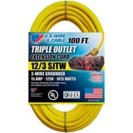 U.S. WIRE & CABLE U.S. Wire 76100 100 Ft. 12/3 SJTW-A Pow-R-Block Extension, Round, Yellow, 300V, Illuminated Plug 76100